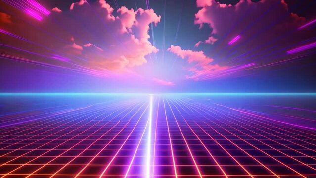 An eye-catching abstract background showcasing a compelling combination of flowing lines and ethereal clouds, Retro-futurist neon grid stretching towards the horizon, AI Generated