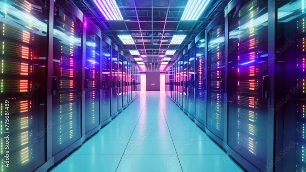 Poster rows of servers in a data center, efficiently processing, storing, and delivering data, shot of corr