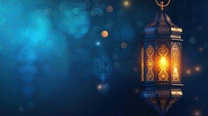 Eid Mubarak banner. Arabic lantern and misbaha on blue and black background