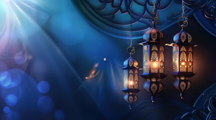 Eid Mubarak banner. Arabic lantern and misbaha on blue and black background