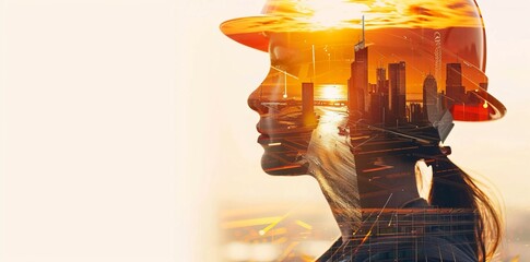 profile side view of an engineer with helmet and city on his head double exposure, banner for web design or construction company with copy space area - obrazy, fototapety, plakaty
