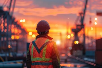 Back view of an engineer wearing a safety vest and helmet standing at a steel factory yard with cranes, containers, and a raw iron seamless background with sunset light with a bokeh effect