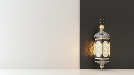 Eid Mubarak banner. Arabic lantern and misbaha on white and black background - obrazy, fototapety, plakaty
