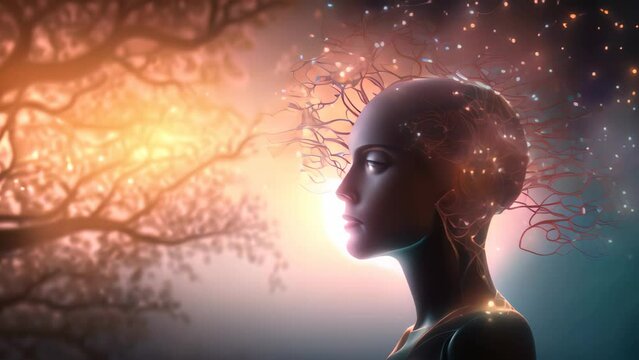 A womans face is seen with a tree in the background, creating a natural and serene ambiance, Silhouette of an AI robot with a glowing mind map background, AI Generated