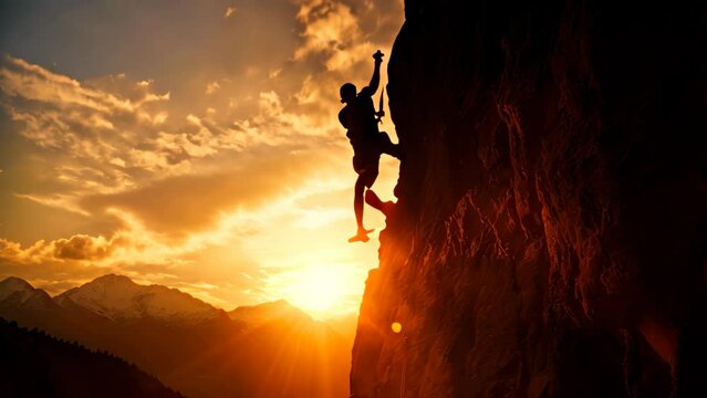 A man conquers the challenge of scaling a mountain as the golden sun sets in the background, Silhouette of Rock Climber at Sunset, AI Generated