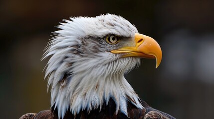 Naklejka premium An intense side profile of a bald eagle, with sharp eyes and a proud beak, set against a blurred background.
