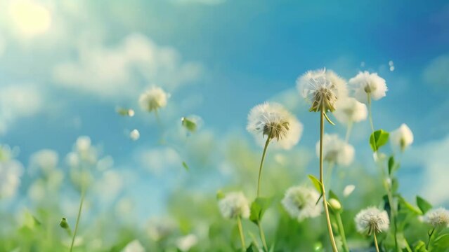 A mesmerizing photo capturing dandelions floating through the air on a beautiful sunny day, spring background with white dandelions, AI Generated