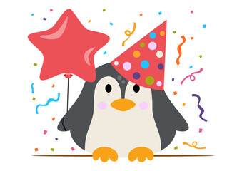 Funny birthday penguin with star balloon
