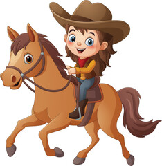 Cartoon young cowgirl riding on a horse - 775682472