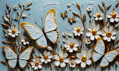 Detailed Oil Painting of White Butterflies on White Flowers with Gold Tint
