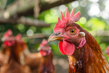 Close up photo of a hen in chicken farm with blurred background. Eco farming and farm animals concept.