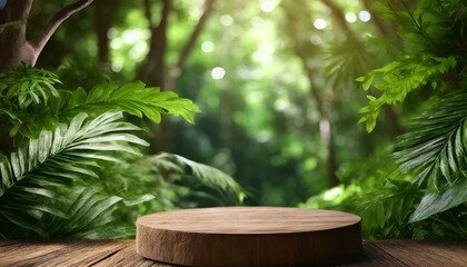 Serenity in Nature: Wooden Pedestal Display in Tropical Garden Setting for Organic Product Presentation