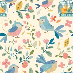 Cute cartoon birds in birdcages with flowers and leaves patterned background in pastel colors, seamless pattern