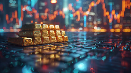 Arrangement of gold bars and rising stock charts, evoking the digital age of gold investment.