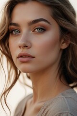 Naklejka premium A woman with long brown hair and green eyes is wearing makeup