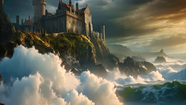 Fantasy landscape of a beautiful castle on the cliff. Dramatic sky, A cliff-top castle overlooking a rough sea under stormy skies, AI Generated