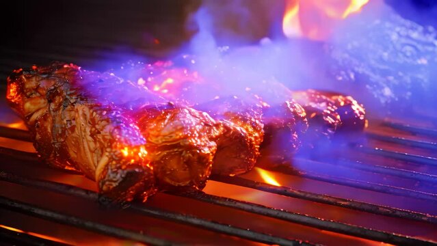 Grilled pork ribs on the grill with flames and smoke, close up, A close-up of sizzling barbecue ribs on a grill, AI Generated