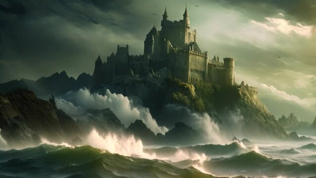 Fantasy landscape with castle in the sea. 3D illustration, A cliff-top castle overlooking a rough sea under stormy skies, AI Generated