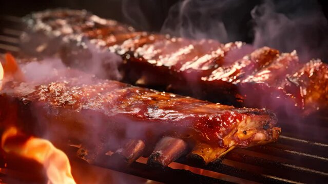 Grilled pork ribs on barbecue grill. Barbeque with flames, A close-up of sizzling barbecue ribs on a grill, AI Generated