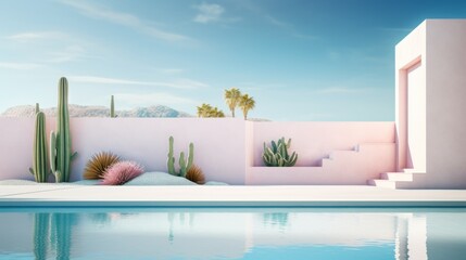 tourist background, blue water of the pool against the background of the snow-white walls of a luxury hotel with cacti - obrazy, fototapety, plakaty