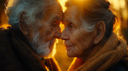 Close-Up of a Smiling Elderly Couple Bathed in the Golden Light of Sunset