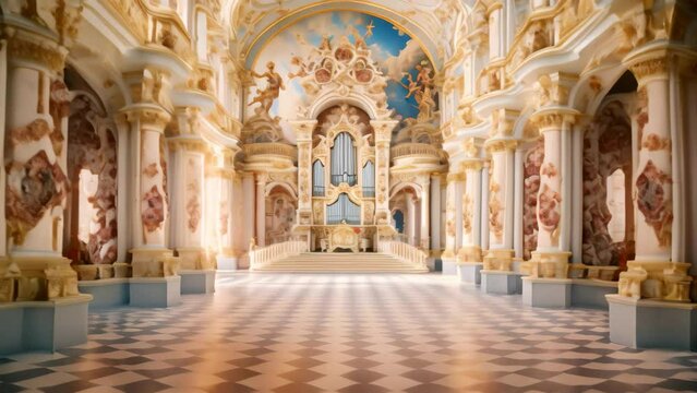 Interior of the royal palace in the style of Baroque, A colorful baroque palace with a bustling court, AI Generated