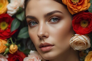A woman with a green eye is surrounded by flowers