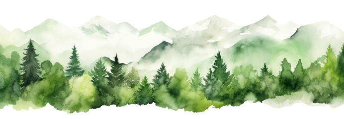 Watercolor mountains spruce trees landscape forest border, isolated hand drawn, watercolor illustration transparent background, Generative 