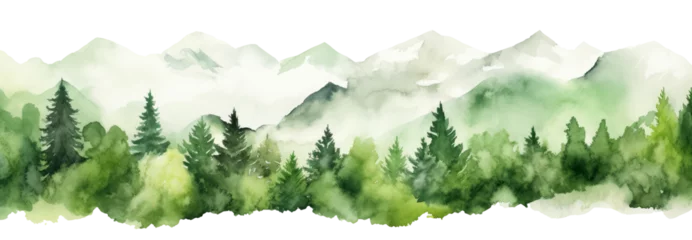 Foto auf Acrylglas Watercolor mountains spruce trees landscape forest border, isolated hand drawn, watercolor illustration transparent background, Generative  © Александра Низенко