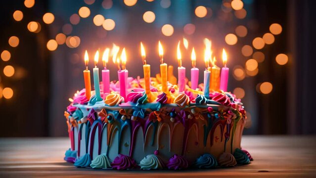 Birthday cake with burning candles on wooden table against blurred lights background, A colorful birthday cake with lit candles, AI Generated