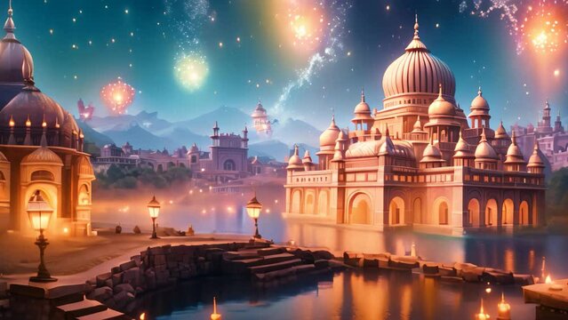 Indian temple at night with moonlight and firework. Digital painting, A colorful Diwali scene, with lanterns and fireworks, AI Generated