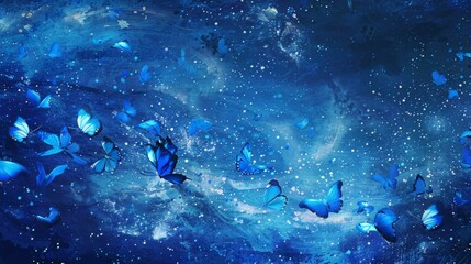 Fototapeta premium minimalist starry night in a completely blue and vibrant universe with blue butterflies