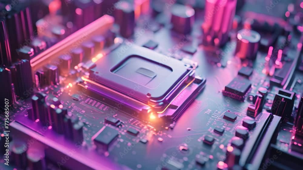 Poster circuit board closeup with processor and microchips. 3d rendering, a computer motherboard with brigh