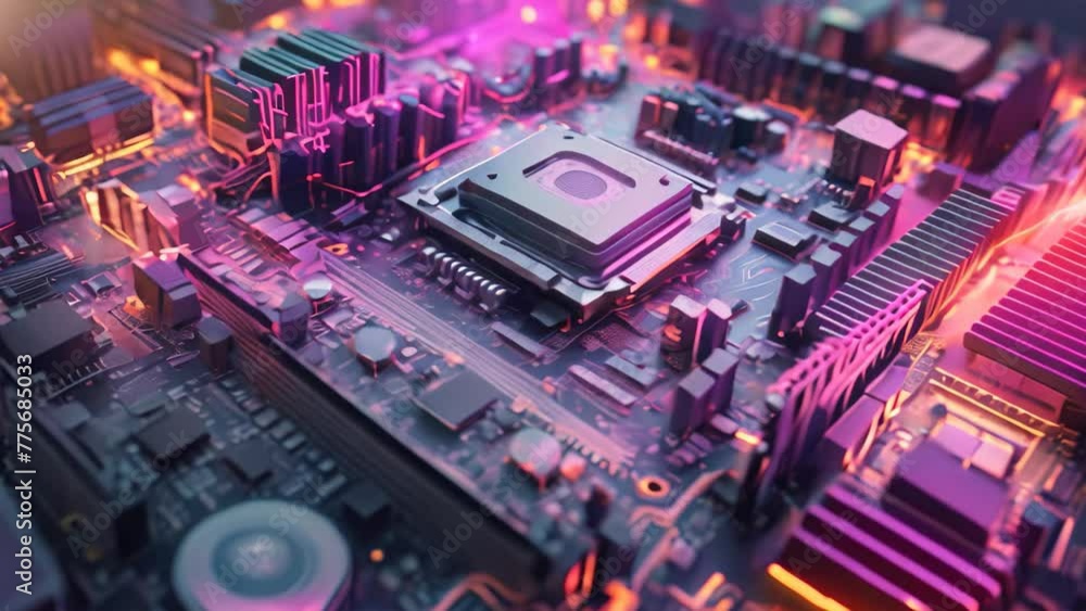 Poster close-up of electronic circuit board with processor. 3d rendering, a computer motherboard with brigh