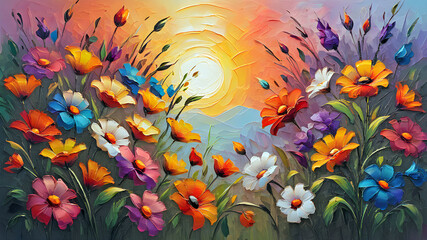 beautiful wild flowers against the background of sunrise. flowering field painted with oil paints