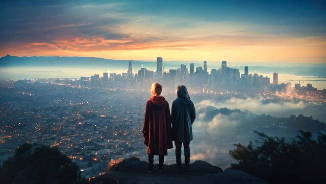 Silhouette of two women standing on the top of the mountain and looking at the city, A couple admiring the city skyline from a hilltop, wrapped in each other's warmth, AI Generated