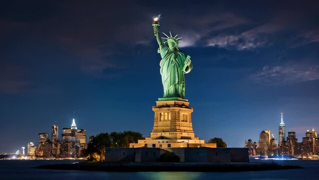 A copper colossus, Lady Liberty, graces New York Harbor, a timeless symbol of freedom welcoming travelers to America