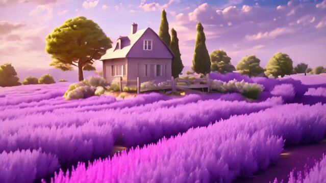 Lavender flower field with wooden house in the background, 3d render, A cozy cottage nestled amidst a field of lavender, AI Generated