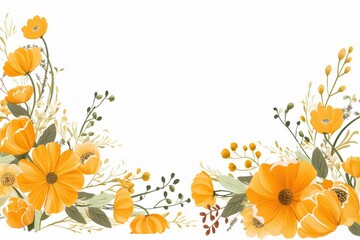 watercolor of marigold clipart with orange and yellow blooms. flowers frame, botanical border, Watercolor floral wreath. Hand painted frame of greenery, wildflowers, herbs. Green leaves, field flowers