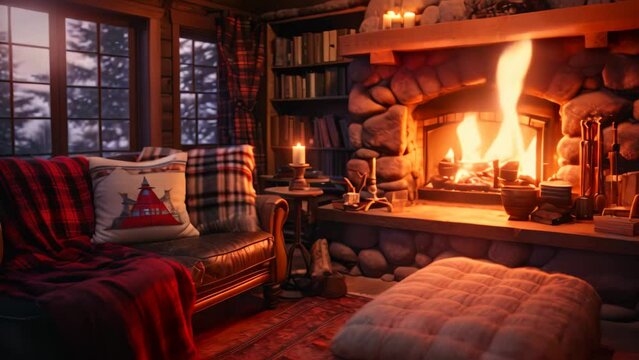 Cozy living room with fireplace, armchair and plaid, A cozy winter cabin interior with a roaring fireplace and flannel blankets, AI Generated