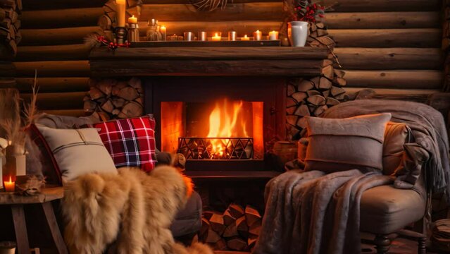 Cozy living room with fireplace, armchair and plaids, A cozy winter cabin interior with a roaring fireplace and flannel blankets, AI Generated