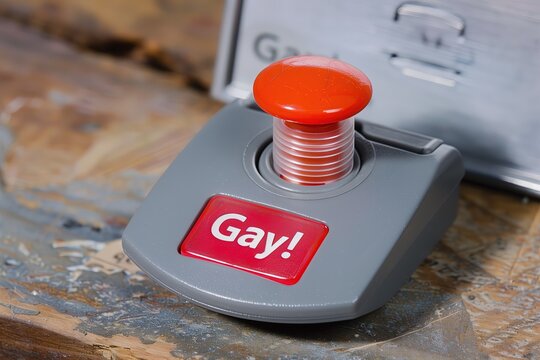A red button with the word "Gay!" on it is attached to an office desk. Round orange push button. Gray remote control. Arcade controller. Emergency stamp. Symbol. Icon. Help