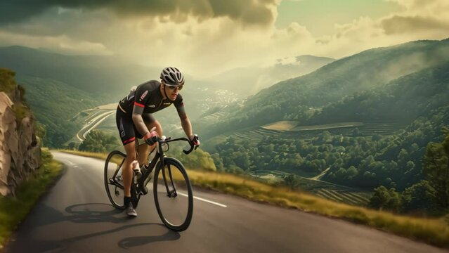 Cyclist riding on the road in the mountains during a sunny day, A cyclist pedaling uphill in the countryside, AI Generated