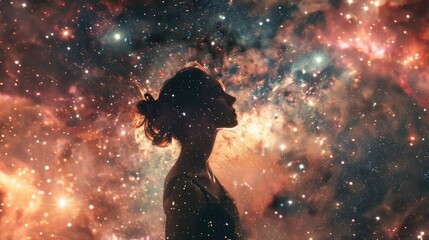 Obraz na płótnie Canvas The double exposure picture of adult female human with galaxy or universe in great enormous space that starring into beautiful bright galaxy space that filled with uncountable amount of star. AIGX03.