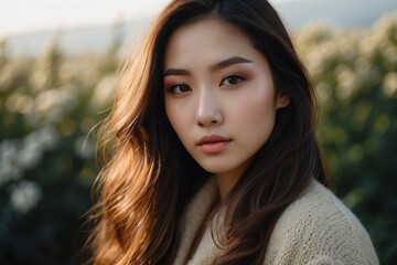 Fototapeta premium A woman with long brown hair and brown eyes is standing in a field of flowers