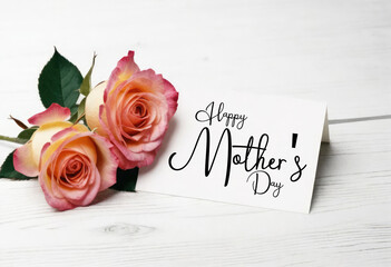 Mother's day wish with flower on white wood background - Happy mother's Day roses, greeting card