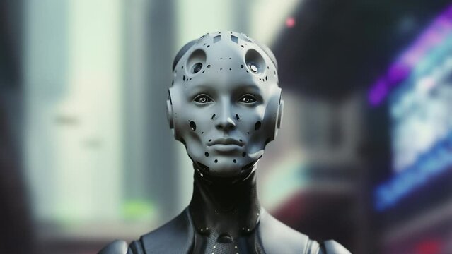 A female robot is watching what is happening in the city of the future. the concept of artificial intelligence and technology