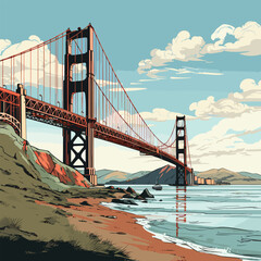 Golden Gate Bridge. Golden Gate Bridge hand-drawn comic illustration. Vector doodle style cartoon illustration