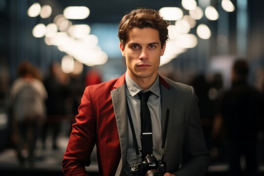 A professional man in a formal suit and tie is seen holding a camera, likely capturing moments or documenting an event. He appears focused and engaged in his photography activity