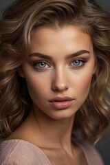 Obraz premium A woman with blonde hair and blue eyes is wearing a pink shirt